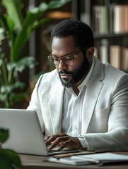 Poster - Professional African American Man Working on Laptop in Modern Office Setting Surrounded by Plants and Books, Focused and Engaged in His Task