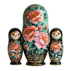 A decorative set of Russian nesting dolls featuring floral designs.