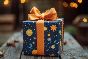 Wall Mural - Blue gift box with orange ribbon and space-themed wrapping paper resting on a wooden surface, creating a whimsical and festive atmosphere