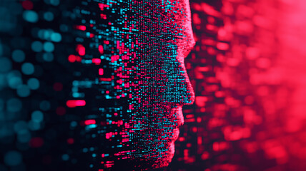 Wall Mural - A digital face composed of glowing red and blue pixels on a dark background, symbolizing artificial intelligence, data, and technology