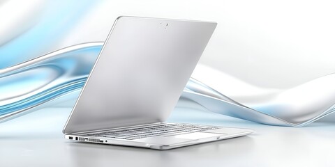 Poster - Sleek silver laptop on a modern surface with flowing blue and white abstract background elements symbolizing technology, innovation, and minimalist design aesthetics