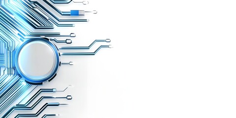 Poster - 
Futuristic circuit board design with glowing blue lines and a central circular element on a clean white background, representing technology and innovation