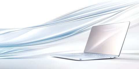 Poster - Sleek silver laptop with a minimalist design placed against a soft, flowing abstract background, symbolizing modern technology and sophistication