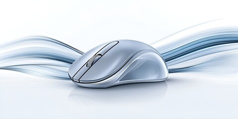 Poster - 
Modern silver computer mouse with an ergonomic design placed against a flowing blue abstract background, symbolizing technology, innovation, and sleek functionality