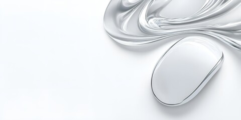 Poster - Minimalistic white computer mouse with a glossy finish set against an abstract flowing silver background, symbolizing elegance, modern technology, and innovation