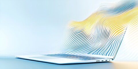 Poster - Laptop with abstract flowing yellow and blue lines, symbolizing digital creativity, innovation, and modern technology in a futuristic and dynamic design