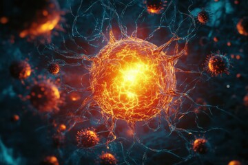 Aufkleber - Glowing cell illuminated in a menacing environment surrounded by multiple aggressive viruses. Generative AI