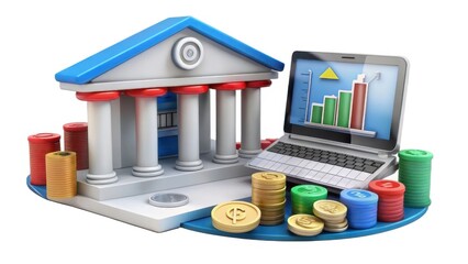 Wall Mural - A digital representation of a bank with coins and a laptop displaying financial graphs, illustrating the intersection of finance and technology.