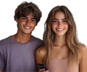 Wall Mural - Young couple smiling happily on white background