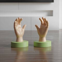 Aufkleber - Two light beige hands, palms up, rest on light green bases. Minimalist, artistic.