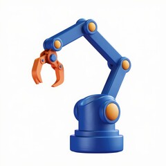 Poster - A 3D rendering of a blue robotic arm with an orange claw, showcasing industrial automation.