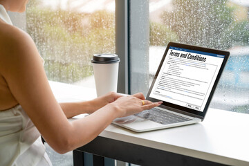 Poster - digital legal contract provide terms and conditions document on computer screen ready for online dig