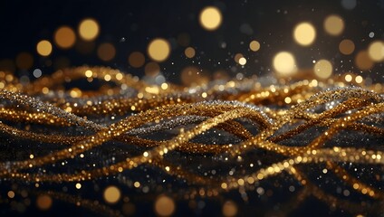 A decorative, sparkling pattern of wavy gold and silver lines are displayed against a dark background, with golden bokeh circles scattered on top.