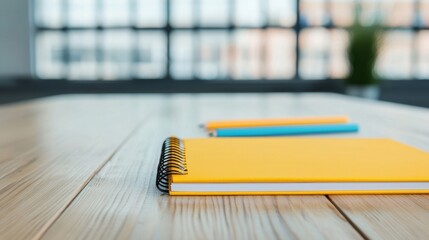 Poster - Yellow notebook and colorful pencils lying on wooden table in modern office
