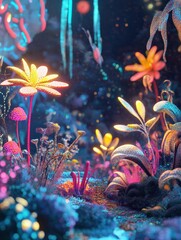 Poster - Exploring a vibrant microscopic ecosystem filled with friendly microbes and glowing flora. Generative AI