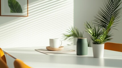 Aufkleber - Sunlit meeting room table with coffee cup and plants creating a productive workspace