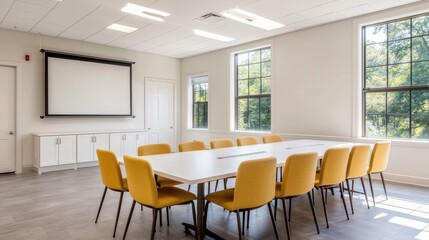 Poster - Modern meeting room boasting projector screen and yellow chairs