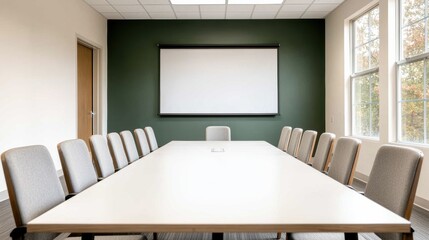 Poster - Modern conference room with projector and screen displaying showing projecting presenting empty white presentation