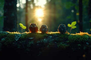 Wall Mural - Three Owls Resting on Mossy Log at Sunset