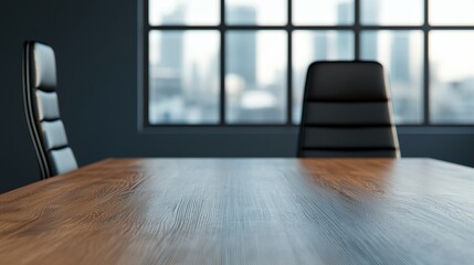 Poster - Empty meeting table in a modern office overlooking city skyline