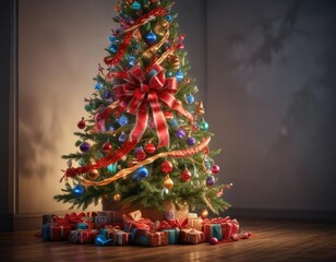 A colorful Christmas tree with ribbons and bows wrapped around the trunk, gift wrapping, ribbon and bow decor