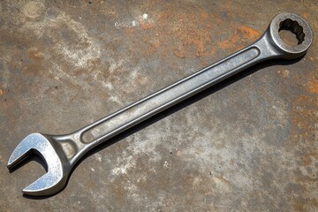 A weathered steel wrench rests on a rusty surface