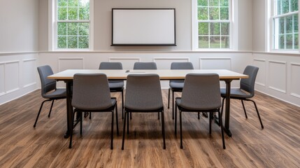 Poster - Modern meeting room with empty table, chairs and presentation screen promoting optimized workflow