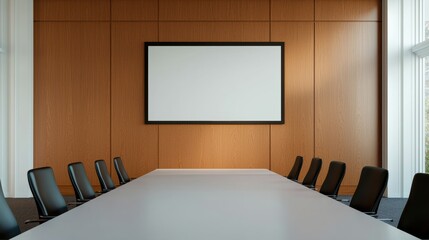 Poster - Modern meeting room with large empty table and blank projection screen, ready for corporate meeting
