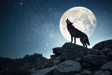  A lone wolf stands atop a rocky outcropping under the full moon, its eyes fixed on the lunar surface as it lets out a haunting howl, full moon, wolves, night sky, silhouetted figure