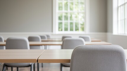 Poster - Empty modern meeting room with natural light illuminating wooden tables and gray chairs