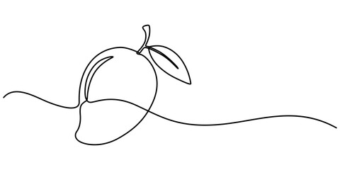 Aufkleber - Continuous one line drawing of mango. Doodle vector illustration, Continuous one line drawing of mango fruit with leaf. Mango fruit hand drawn single line art vector illustration, Continuous line draw