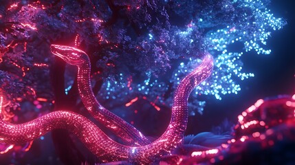 Poster - A holographic serpent winding its way around a glowing digital tree