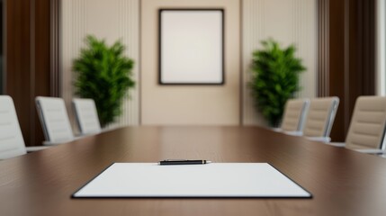 Poster - Empty conference room table with pen and paper awaiting meeting