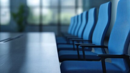 Poster - Empty corporate boardroom with blue ergonomic chairs and large table ready for a meeting