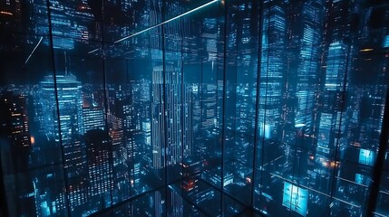 Poster - A holographic skyline reflected in a futuristic glass building