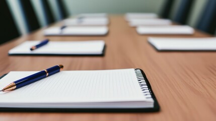Poster - Conference table setup for business meeting with notepads and pens