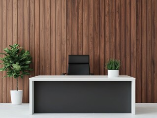 Poster - Modern office desk with chair and plants against wooden wall