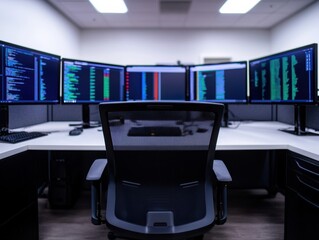 Aufkleber - Ergonomic chair facing multiple monitors displaying code in a modern office