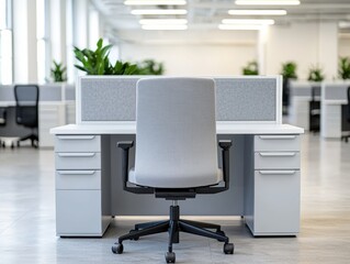 Poster - Modern office cubicle featuring gray chair, white desk, and partition walls enhancing workspace design