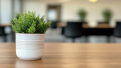 Poster - Small potted plant standing on wooden table in modern office environment