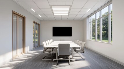Poster - Modern conference room with large windows illuminating white table and gray chairs