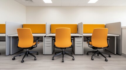 Poster - Modern office cubicles featuring vibrant orange chairs and neutral partition walls