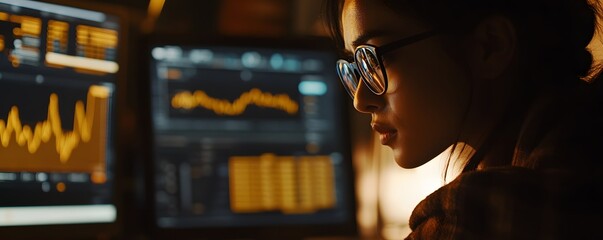 Poster - A focused individual analyzes data on multiple screens, displaying charts and graphs. The glowing monitors illuminate the workspace, highlighting trends and insights in real-time.