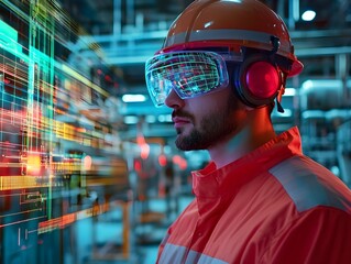 Poster - A focused worker in safety gear uses augmented reality technology in a modern industrial setting, showcasing the blend of human skill and digital innovation for enhanced productivi