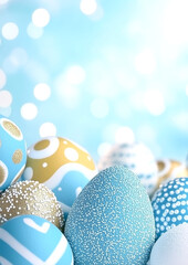 Wall Mural - a blue and gold egg with a white dot on it is surrounded by other eggs. the eggs are decorated with 