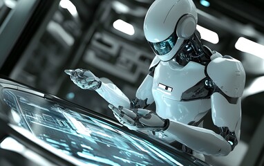 Fototapete - a futuristic robot interacting with a holographic display in a sleek, modern environment
