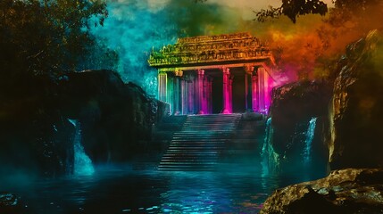 Poster - a holographic temple floating above a lake, glowing in vibrant colors