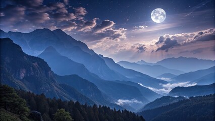 Poster - Moonlit Mist Over Mountains Creates a Serene Landscape. Generative AI