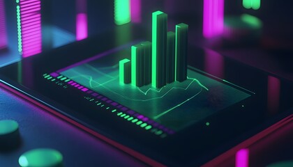 Poster - A mesmerizing digital representation of data visualization, featuring glowing green bars on a vibrant interface. Ideal for showcasing innovation in technology and analytics.