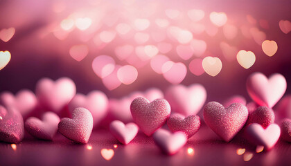 Wall Mural - Small pink heart shapes create a romantic bokeh effect against a soft burgundy background.